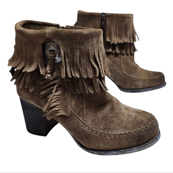 Sbicca Ankle Boots Women 8 Brown Suede Fringe Side Zip Block Heel Western Boho - Picture 1 of 13